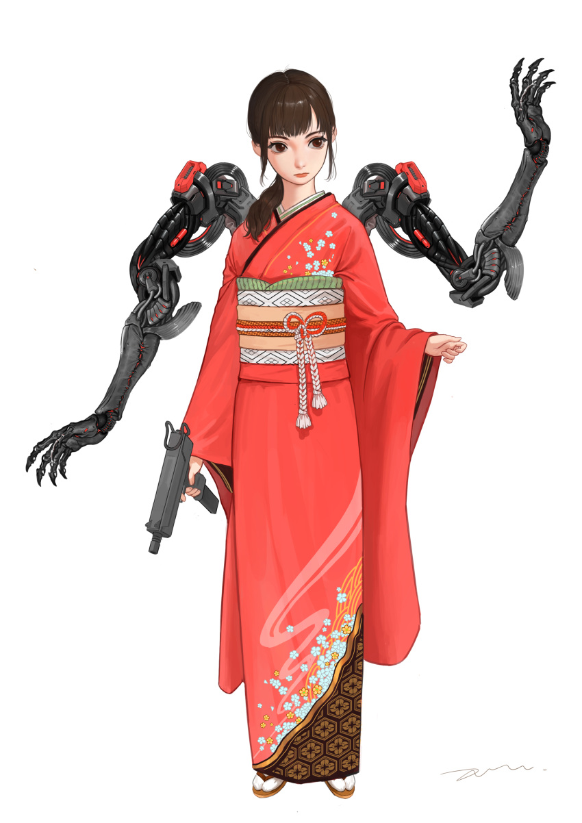 1girl absurdres brown_eyes brown_hair closed_mouth devil_lo extra_arms floral_print gun highres holding holding_gun holding_weapon japanese_clothes kimono long_hair mecha_musume mechanical_arm original red_kimono red_lips signature simple_background solo standing weapon white_background