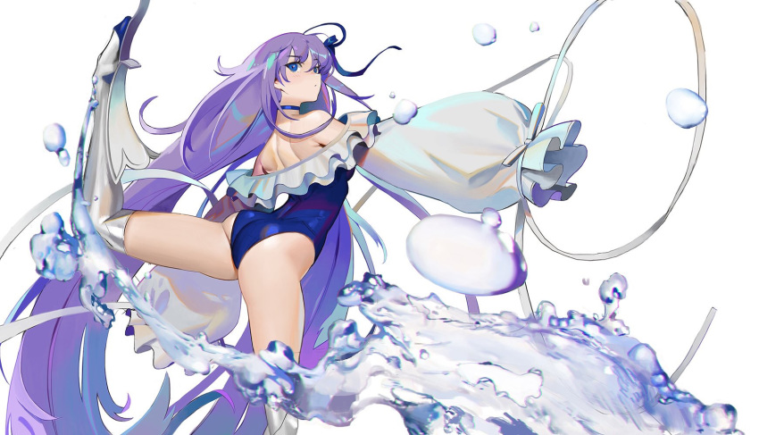 1girl ass back bare_legs blue_choker blue_eyes blue_swimsuit boots breasts choker closed_mouth commentary cowboy_shot eyebrows_visible_through_hair fate/grand_order fate_(series) hair_between_eyes hair_ribbon highres kibawa leg_up long_hair looking_at_viewer medium_breasts meltryllis meltryllis_(swimsuit_lancer)_(fate) one-piece_swimsuit purple_hair ribbon silver_footwear simple_background sleeves_past_fingers sleeves_past_wrists solo standing standing_on_one_leg swimsuit thigh-highs thigh_boots thighs very_long_hair water white_background wide_sleeves