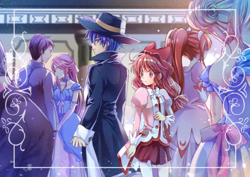 3boys 3girls arms_at_sides black_headwear blue_eyes blue_hair bow brown_hair dress faceless faceless_female faceless_male fine fushigiboshi_no_futago_hime highres indoors long_hair long_sleeves multiple_boys multiple_girls ponytail puffy_long_sleeves puffy_sleeves red_eyes red_headwear red_skirt shade_(fushigiboshi_no_futago_hime) skirt standing suzuki_(2red_moon3) white_bow