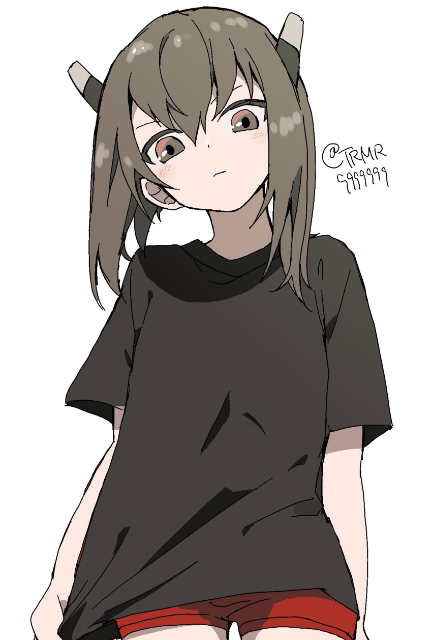 1girl alternate_costume bangs black_shirt blush closed_mouth grey_eyes grey_hair headband headgear highres kantai_collection red_shorts shirt short_hair short_sleeves shorts simple_background solo taihou_(kantai_collection) toramaru_q twitter_username white_background