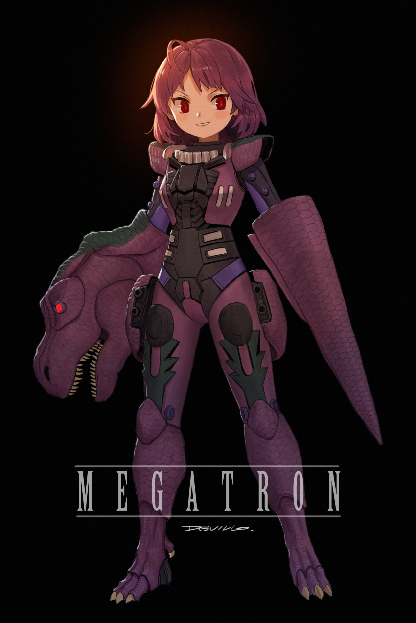 1girl absurdres ahoge black_background blush devil_lo dinosaur english_text highres megatron parted_lips red_eyes scales short_hair signature simple_background smile solo standing teeth transformers violet_eyes