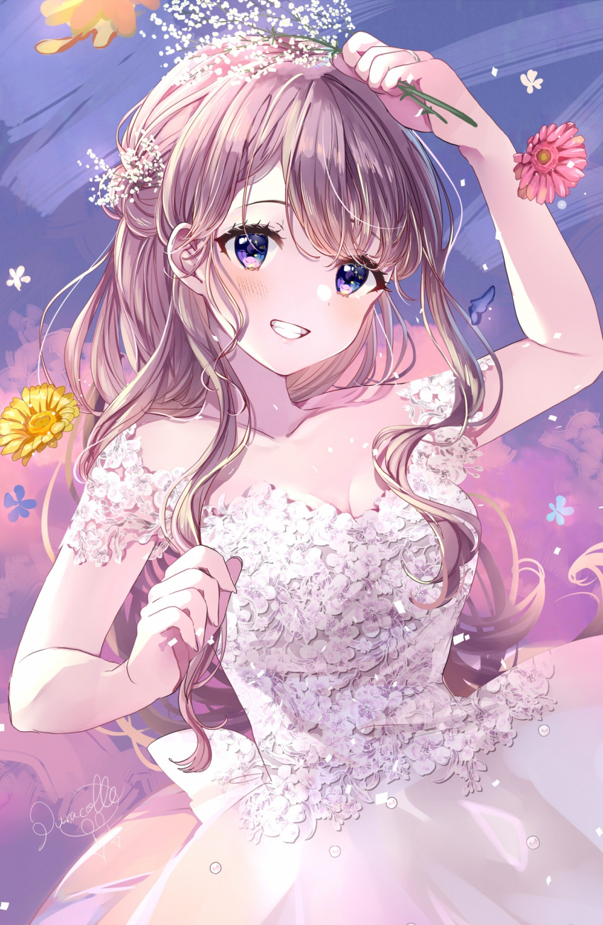1girl arm_up bangs blue_flower blush breasts brown_hair commentary_request dress eyebrows_visible_through_hair flower grin highres holding holding_flower long_hair looking_at_viewer medium_breasts off-shoulder_dress off_shoulder original puracotte red_flower signature smile solo violet_eyes white_dress white_flower yellow_flower