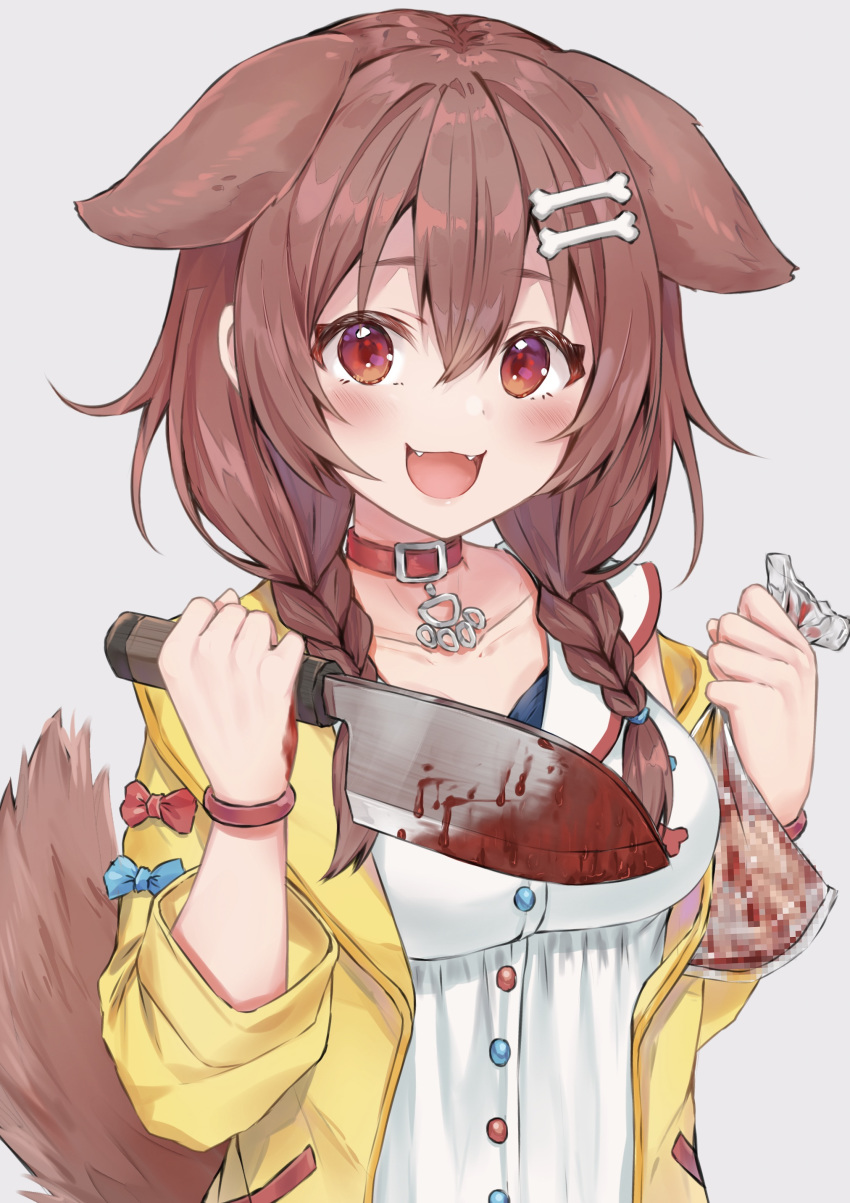 1girl :d absurdres animal_ears bag bangs blood blush bone_hair_ornament bracelet braid breasts brown_eyes brown_hair censored collar collarbone dog_ears dog_girl dog_tail eyebrows_visible_through_hair fangs grey_background hair_between_eyes hair_ornament highres hololive hyouta_(yoneya) inugami_korone jacket jewelry knife large_breasts long_hair looking_at_viewer low_twin_braids mosaic_censoring open_mouth plastic_bag red_collar severed_finger simple_background smile solo tail twin_braids upper_body virtual_youtuber yellow_jacket