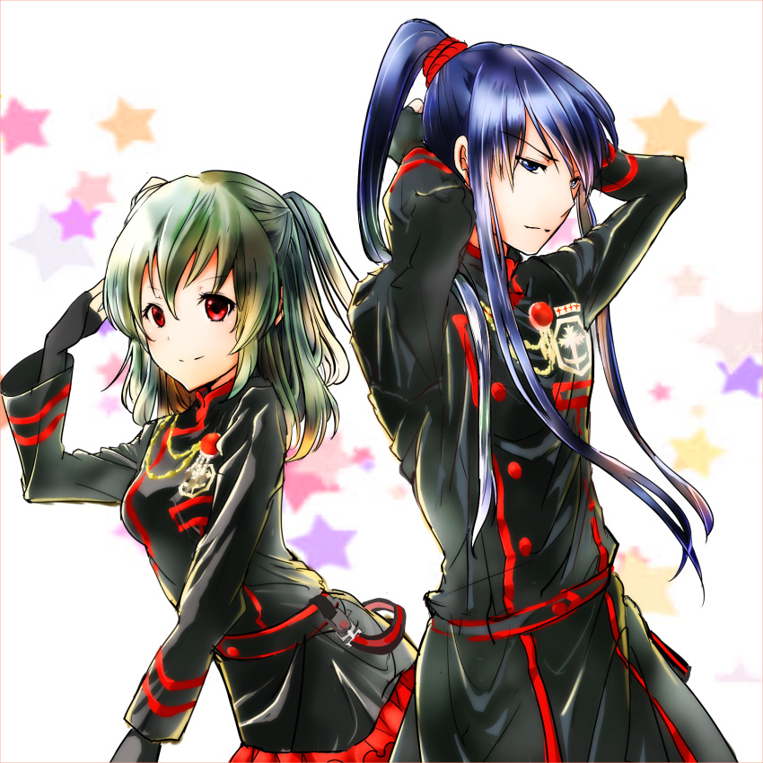 1boy 1girl alternate_eye_color arms_up bangs black_gloves black_jacket black_order_uniform blue_eyes blue_hair closed_mouth d.gray-man fingerless_gloves floating_hair gloves green_hair hair_between_eyes hair_ribbon high_ponytail highres jacket kanda_yuu lenalee_lee long_hair long_sleeves military_jacket miniskirt red_eyes red_ribbon red_skirt ribbon salute sau_(bluepoper) shiny shiny_hair skirt smile star_(symbol) twintails tying_hair very_long_hair white_background