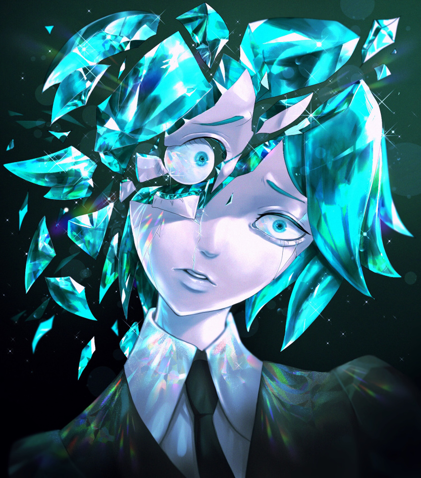 1other akamahura androgynous aqua_eyes aqua_hair black_neckwear collared_shirt cracked crystal_hair eyeball face gem highres houseki_no_kuni phosphophyllite shirt short_hair white_shirt