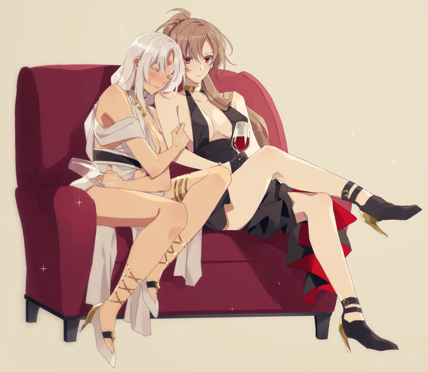 2girls amazuki_jou azur_lane black_dress body_markings center_opening cocktail_dress couch cup dress drinking_glass evening_gown facial_mark forehead_mark gold_bracelet gold_choker halter_dress high_heels highres jean_bart_(uninhibited_bloodstone)_(azur_lane) light_brown_hair long_hair massachusetts_(dressed_to_impress)_(azur_lane) multiple_girls native_american ponytail red_eyes thighlet white_dress white_hair white_nails wine_glass yuri