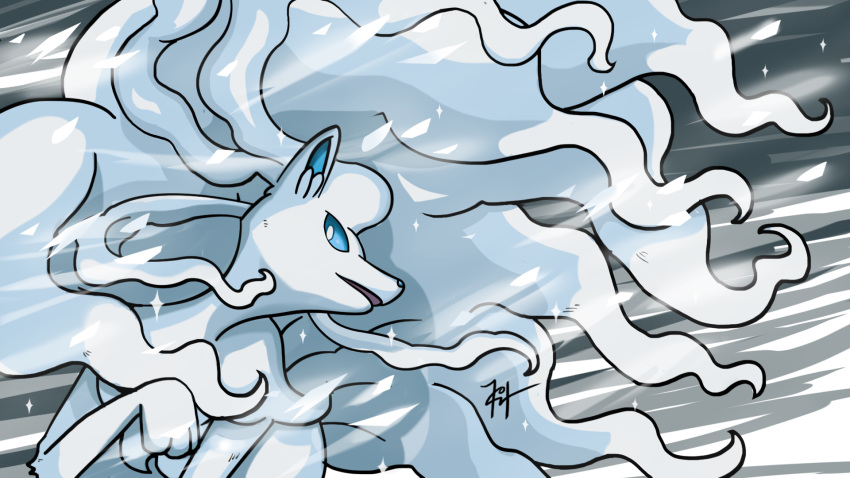 alolan_form alolan_ninetales commentary english_commentary gen_7_pokemon harlequinwaffles highres ice leg_up looking_at_viewer no_humans open_mouth pokemon pokemon_(creature) signature snowing solo sparkle standing upper_body wind winter