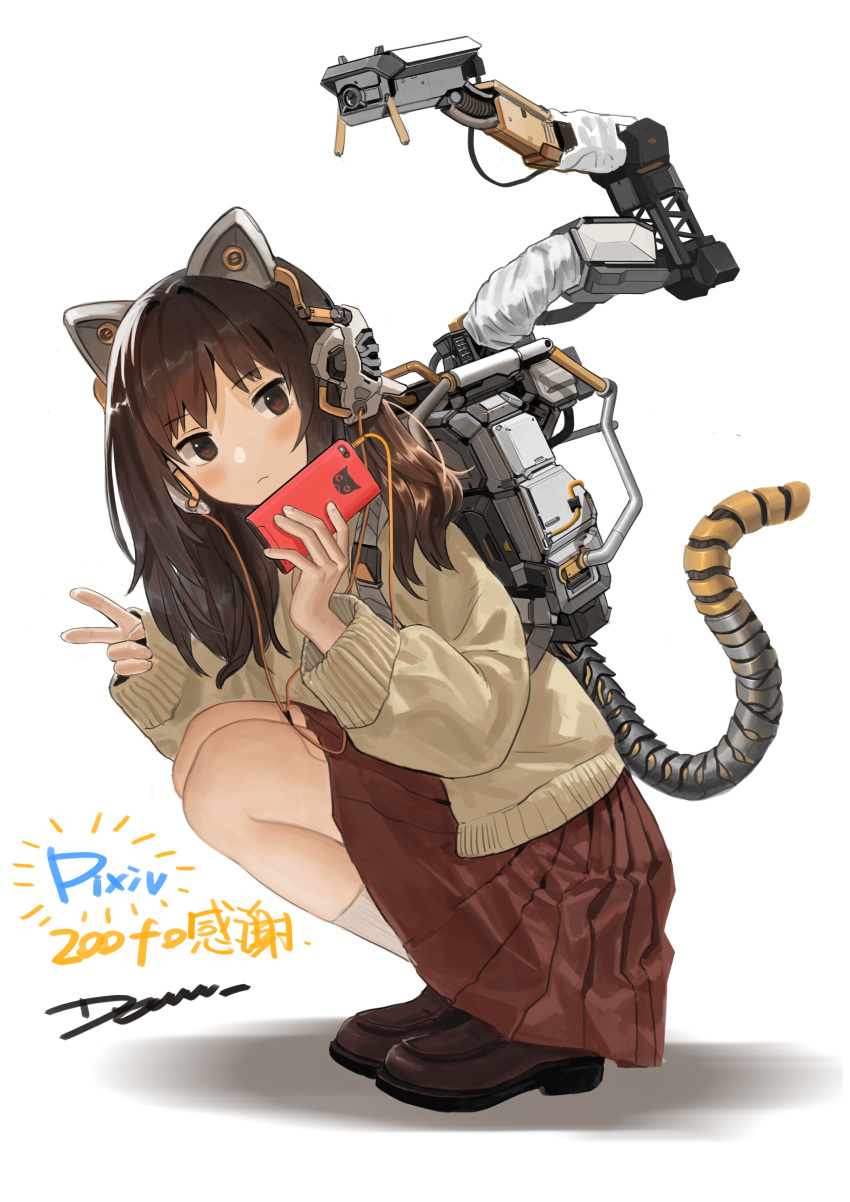 absurdres animal_ears blonde_hair blush brown_eyes brown_footwear brown_skirt camera cat_ears cellphone closed_mouth devil_lo eyebrows_visible_through_hair fake_animal_ears fingernails headphones highres holding holding_phone long_hair mecha_musume mechanical mechanical_tail original phone simple_background skirt sleeves_past_wrists socks squatting tail v white_background