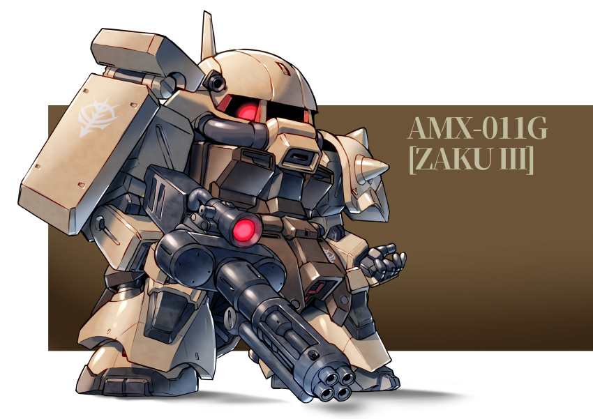 absurdres advance_of_zeta ag_00000 chibi glowing glowing_eye gun gundam highres holding holding_gun holding_weapon looking_to_the_side mecha no_humans one-eyed open_hand red_eyes solo standing weapon zaku_iii