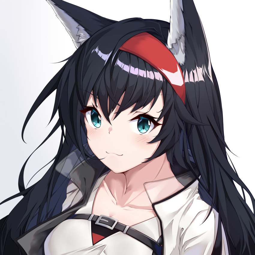 1girl :3 absurdres animal_ears arknights bangs black_hair blaze_(arknights) blue_eyes blush breasts cat_ears commentary_request gradient gradient_background grey_background hair_between_eyes hairband highres long_hair looking_at_viewer medium_breasts ponta_(velmar) red_hairband shirt smile solo upper_body white_background white_shirt