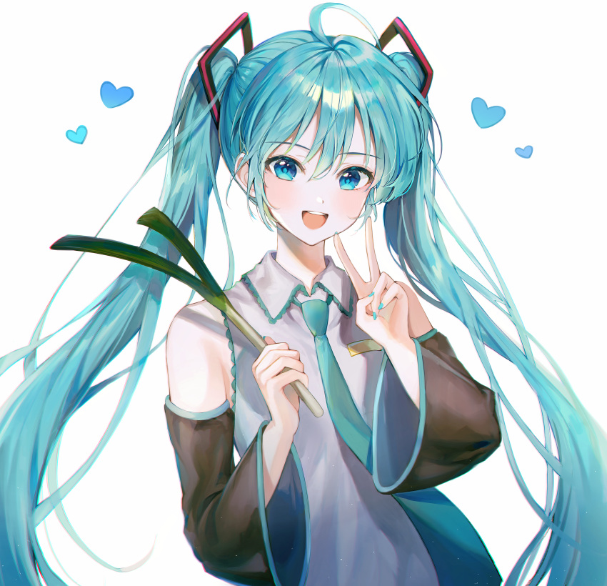 1girl absurdres bangs blue_eyes blue_hair blue_nails blue_neckwear commentary cowlick detached_sleeves food hair_between_eyes hatsune_miku heart highres holding holding_food hongnabya huge_filesize looking_down necktie open_mouth solo spring_onion twintails v vocaloid white_background