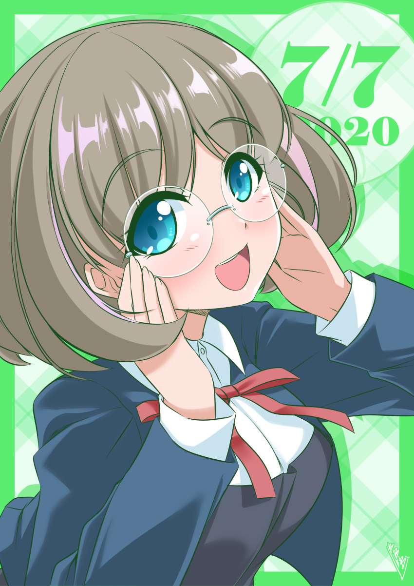 1girl absurdres adjusting_eyewear bangs bespectacled birthday blazer blue_eyes blush breasts bunji check_commentary commentary_request dated eyebrows_visible_through_hair glasses grey_hair hello!!!_love_live! highres jacket light_brown_hair long_sleeves looking_at_viewer love_live! medium_breasts red_neckwear rimless_eyewear round_eyewear school_uniform shiny shiny_hair short_hair smile solo tang_keke upper_body yuigaoka_school_uniform