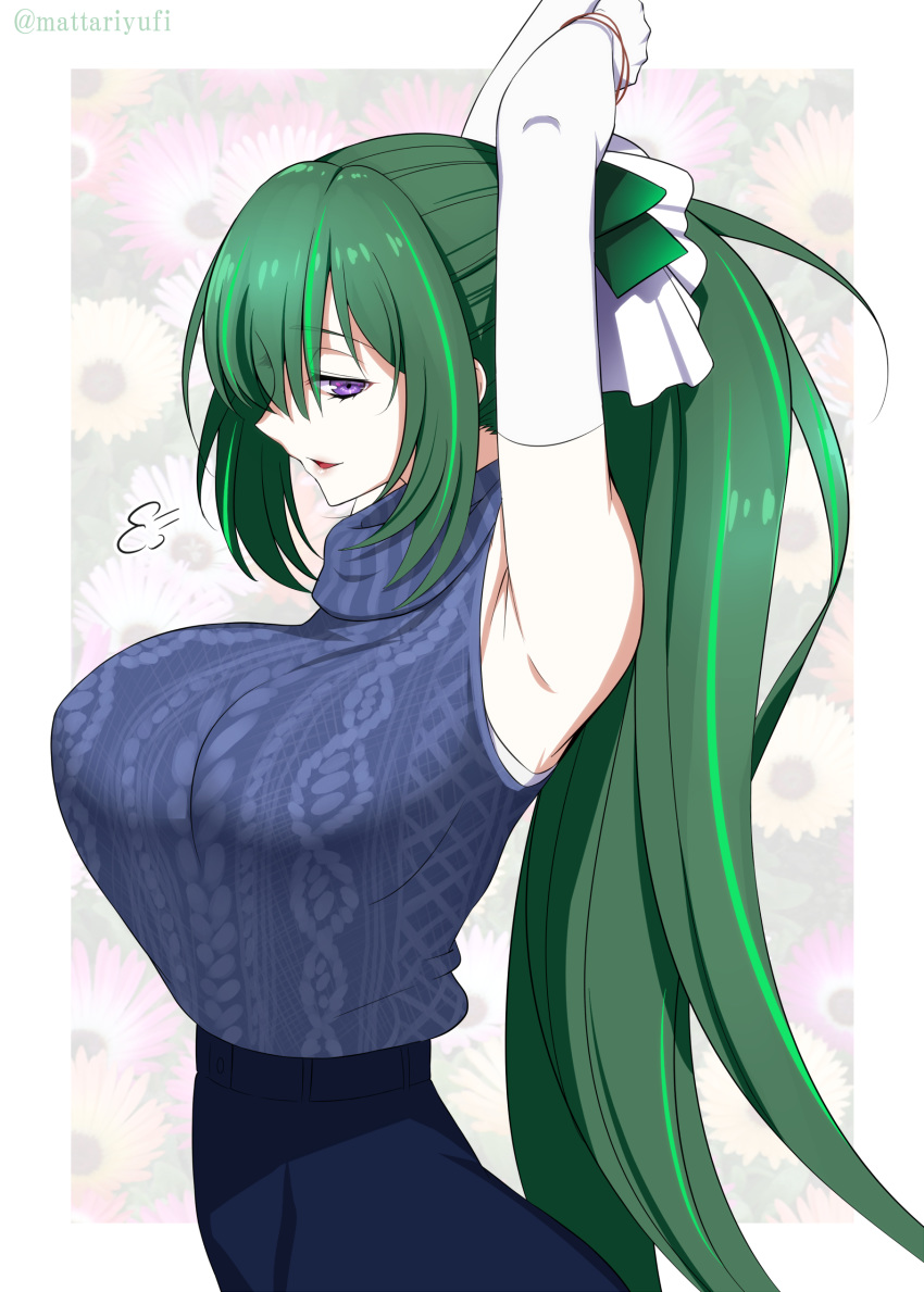 1girl absurdres arms_up bracelet breasts commentary_request floral_background green_hair hair_over_one_eye hair_ribbon highres jewelry large_breasts long_hair looking_at_viewer mattari_yufi open_mouth original ponytail ribbon shirt skirt sleeveless sleeveless_shirt smile solo sweater turtleneck turtleneck_sweater tying_hair upper_body violet_eyes