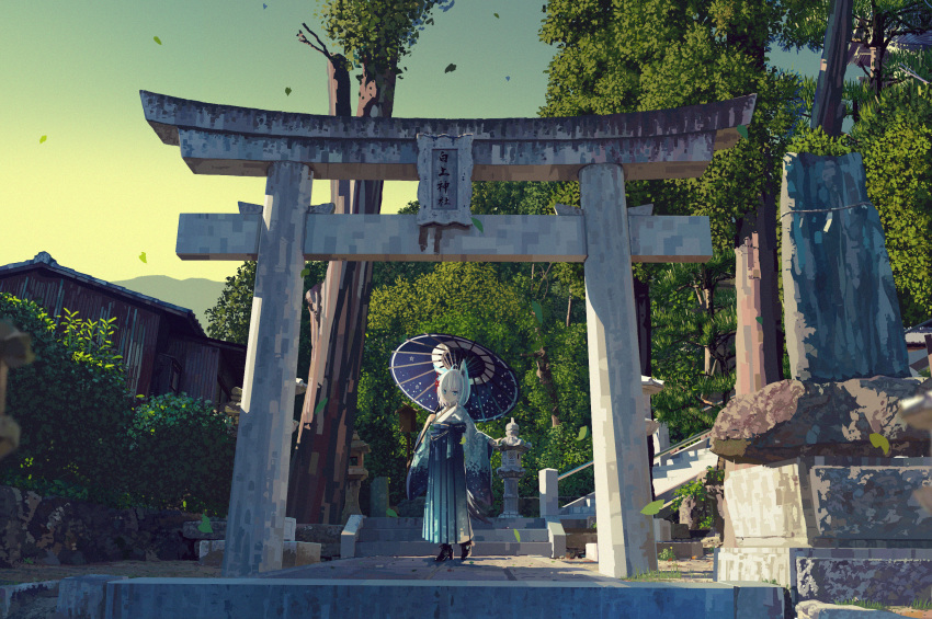 1girl ahoge animal_ear_fluff animal_ears bangs black_footwear blue_eyes boots commentary evening expressionless falling_leaves forest fox_ears fox_girl fox_tail hakama high_heel_boots high_heels highres holding holding_umbrella hololive huge_filesize japanese_clothes kimono leaf long_sleeves looking_at_viewer nature oriental_umbrella outdoors scenery shirakami_fubuki shiroishi_hotaru silver_hair solo stairs stone_lantern stone_stairs tail torii tree umbrella virtual_youtuber wide_sleeves