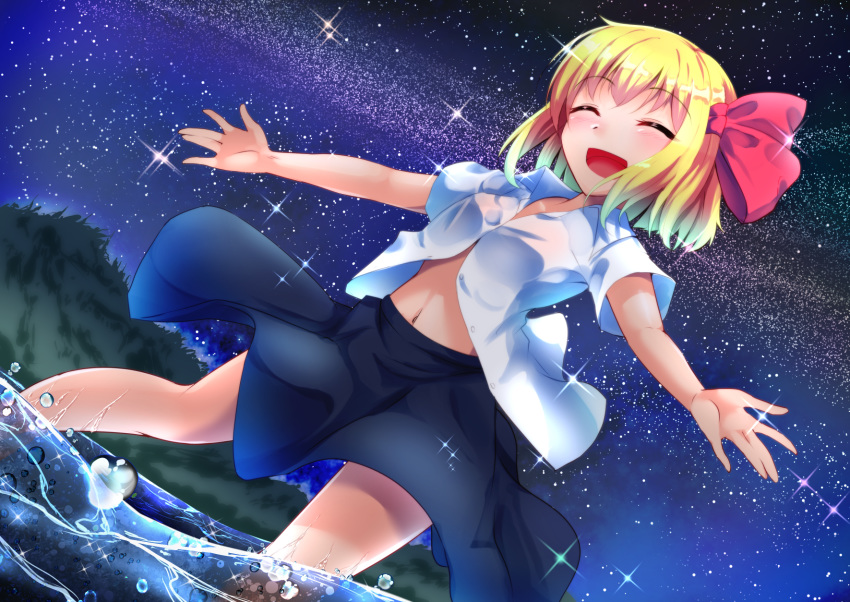 1girl arms_up bangs black_skirt blonde_hair blush closed_eyes commentary_request dutch_angle eyebrows_visible_through_hair from_below hair_ribbon highres midriff milky_way navel night night_sky open_clothes open_mouth open_shirt outdoors outstretched_arms ribbon rody_(hayama_yuu) rumia shiny shiny_hair shirt short_hair short_sleeves skirt sky smile solo sparkle spread_arms star_(sky) starry_sky touhou wading white_shirt wind wind_lift