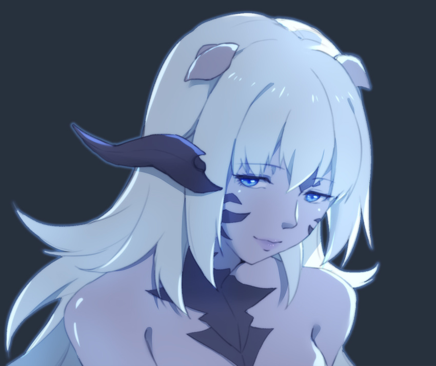1girl au_ra bangs bare_shoulders blue_background blue_eyes blue_hair close-up dragon_horns eyebrows_visible_through_hair face final_fantasy final_fantasy_xiv horns looking_at_viewer lyra-kotto monochrome out-of-frame_censoring scales solo