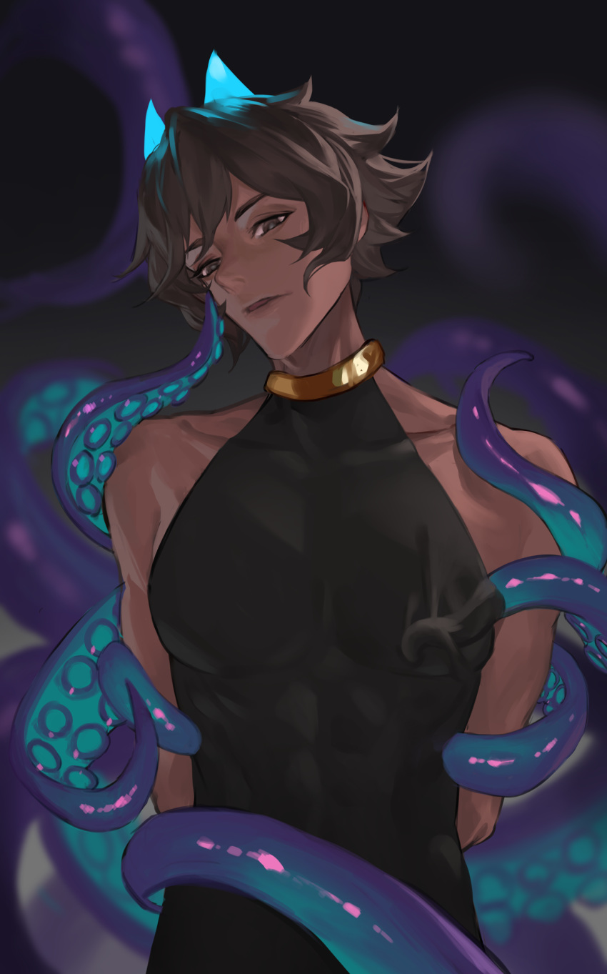1boy absurdres arjuna_(fate/grand_order) arjuna_alter bangs black_hair blurry blurry_background brown_hair chest covered_abs dark_skin dark_skinned_male expressionless fate/grand_order fate_(series) fengyin_shici_guozi glowing_horns hair_between_eyes highres horns jewelry looking_at_viewer male_focus neck_ring shiny shiny_hair sleeveless solo tentacles upper_body