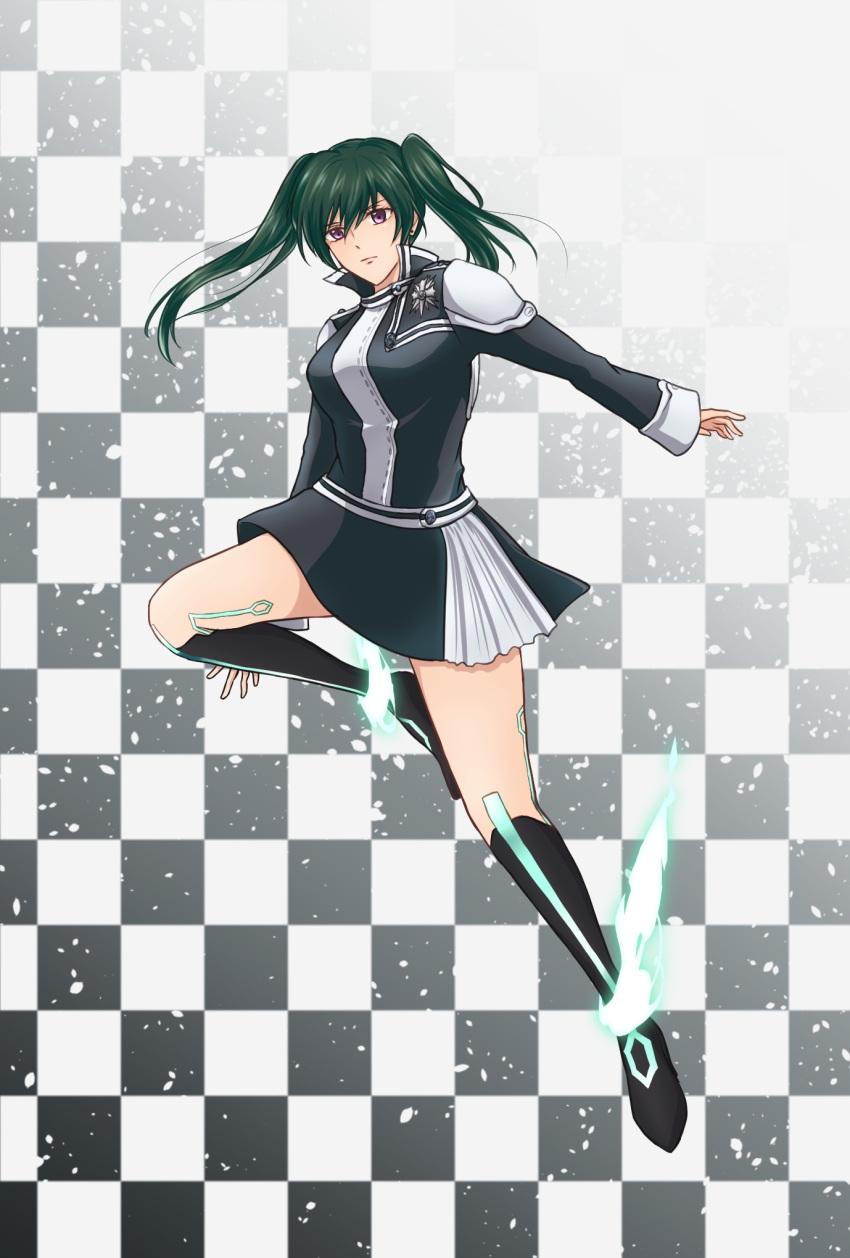 1girl bangs black_footwear black_jacket black_order_uniform black_skirt boots checkered checkered_background closed_mouth d.gray-man floating_hair full_body gradient gradient_background green_hair hair_between_eyes highres jacket knee_boots leg_up lenalee_lee long_hair long_sleeves miniskirt outstretched_arm shiny shiny_hair skirt solo tsujimura_lila two-tone_skirt uniform violet_eyes white_skirt