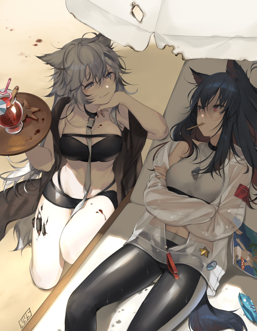 2girls absurdres animal_ears arknights bandeau bangs beach_umbrella bikini black_bikini black_choker black_hair black_legwear breasts choker commentary crop_top crossed_arms cup dog_tags drinking_glass grey_eyes grey_shirt hair_between_eyes highres huge_filesize jacket lappland_(arknights) leash long_hair long_sleeves looking_at_another lying medium_breasts mouth_hold multiple_girls nys off_shoulder on_back ore_lesion_(arknights) pantyhose red_eyes scar scar_across_eye shirt silver_hair smile stomach strapless strapless_bikini swimsuit tail texas_(arknights) thighs umbrella white_jacket wolf_ears wolf_tail