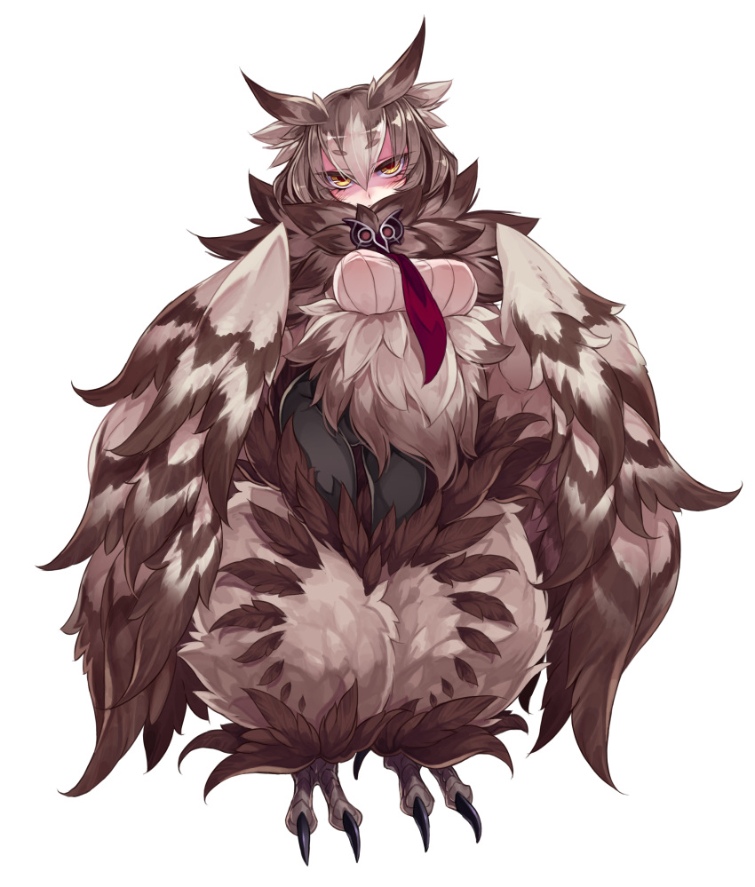 1girl absurdres bangs blush breasts brown_eyes brown_hair digitigrade enty_reward eyebrows_visible_through_hair feathers fluffy full_body harpy highres kenkou_cross large_breasts looking_at_viewer monster_girl monster_girl_encyclopedia necktie official_art owl_mage_(monster_girl_encyclopedia) paid_reward pants photoshop_(medium) ribbed_sweater short_eyebrows short_hair simple_background solo sweater talons white_background wings