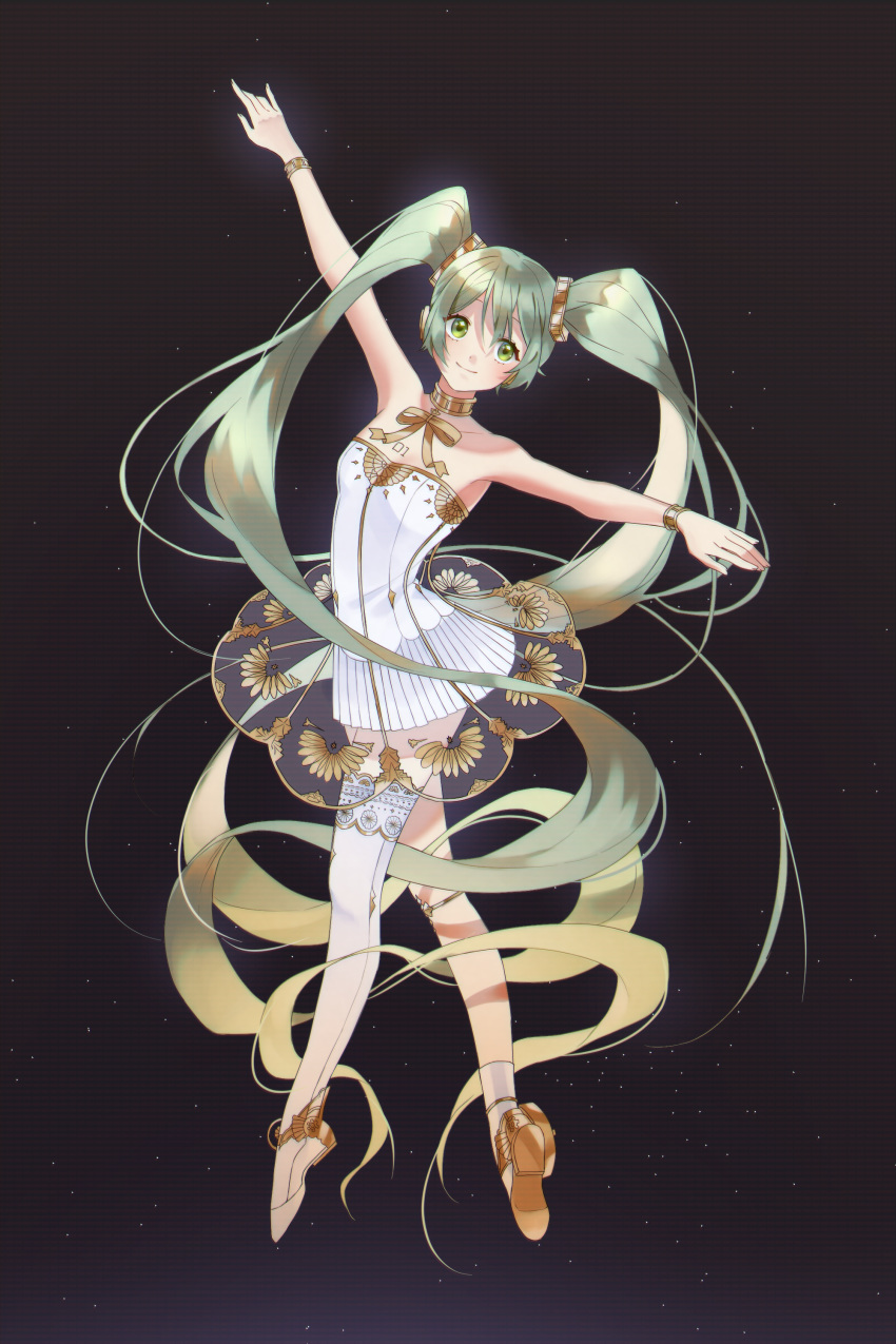 1girl absurdres ain_duck alternate_costume ballet ballet_slippers commentary dancing gradient_hair green_eyes hatsune_miku highres long_hair looking_to_the_side multicolored_hair solo twintails twisted_torso vocaloid