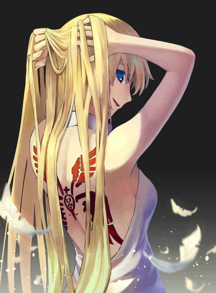 1girl 7aehyun back_tattoo bare_shoulders blue_eyes breasts cowboy_shot dress fate/apocrypha fate_(series) feathers gradient gradient_background hands_in_hair highres janne_d'arc jeanne_d'arc_(fate) jeanne_d'arc_(fate)_(all) long_hair looking_at_viewer sideboob smile solo tattoo white_dress