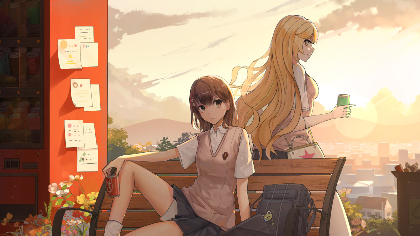 2girls bag bangs bench blonde_hair bottle brown_eyes brown_hair brown_sweater_vest can check_commentary chinese_commentary cityscape clouds commentary commentary_request dress_shirt drink flower grey_skirt hair_flower hair_ornament hairclip handbag highres holding holding_can holding_drink knee_up lens_flare long_hair looking_at_viewer looking_back looking_to_the_side loose_socks misaka_mikoto multiple_girls outdoors paper park_bench pleated_skirt school_uniform shirt shokuhou_misaki short_sleeves shorts shorts_under_skirt sitting skirt sky soda soda_can sparkle sparkling_eyes standing sunset sweater_vest to_aru_kagaku_no_railgun to_aru_majutsu_no_index tokiwadai_school_uniform trash trash_can vending_machine white_flower white_legwear white_shirt white_shorts xyz_(5636552) yellow_eyes yellow_sky