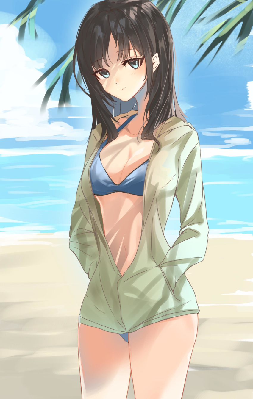 1girl absurdres alternate_hairstyle beach bikini black_hair blue_bikini blue_eyes blue_sky breasts closed_mouth clouds commentary_request eyebrows_visible_through_hair feet_out_of_frame green_jacket hair_down highres jacket looking_at_viewer matsunaga777 medium_breasts navel ocean open_clothes open_jacket sand sketch sky solo standing stomach swimsuit tamura_yuri watashi_ga_motenai_no_wa_dou_kangaetemo_omaera_ga_warui!