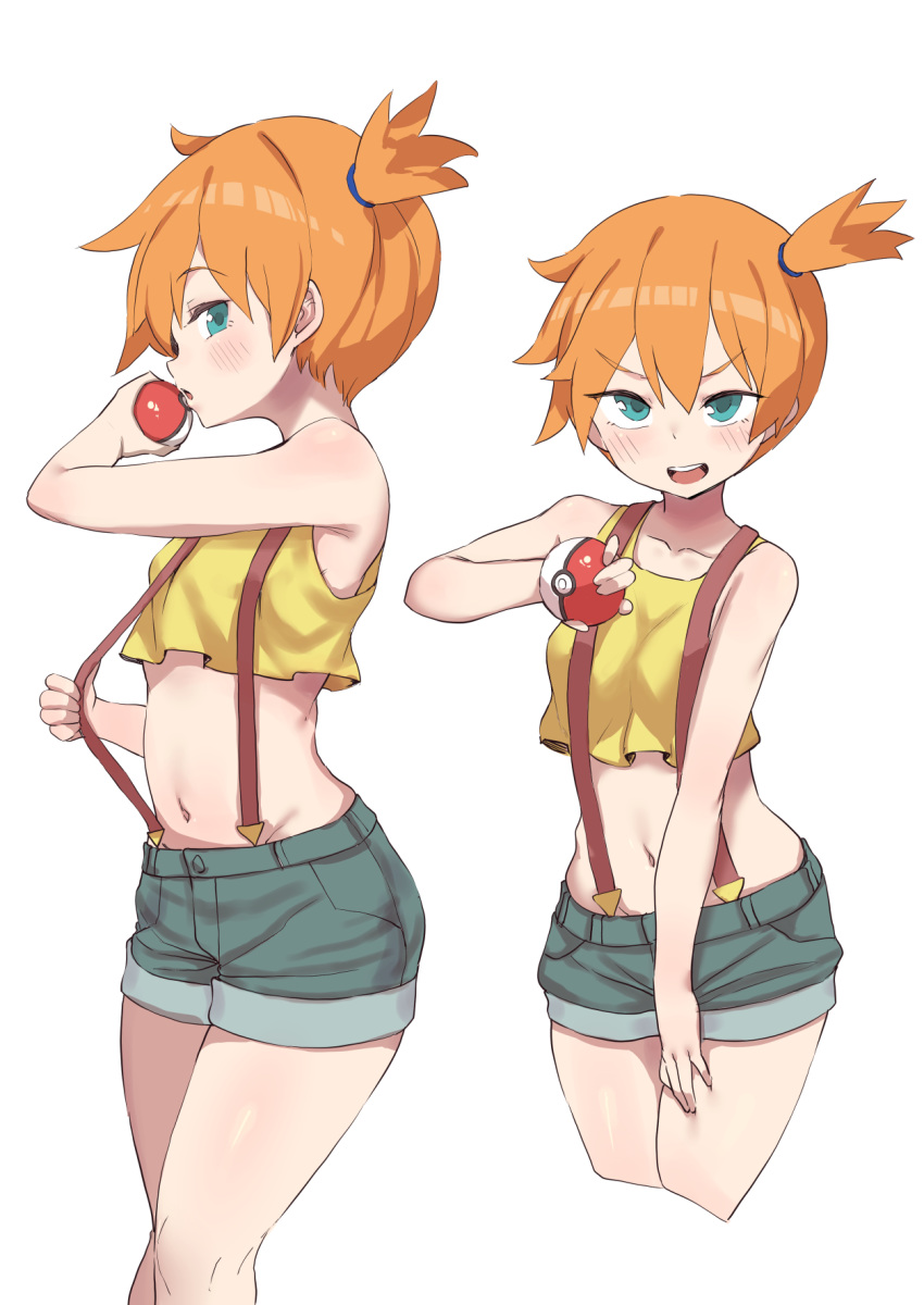 1girl bare_arms bare_shoulders crop_top cropped_legs denim denim_shorts green_eyes gym_leader highres holding isemori kasumi_(pokemon) looking_at_viewer midriff multiple_views navel one_side_up orange_hair poke_ball pokemon pokemon_(game) shirt short_hair short_shorts shorts simple_background sleeveless sleeveless_shirt smile suspenders suspenders_pull white_background yellow_shirt