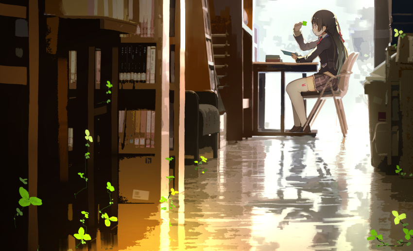 black_hair black_jacket book_stack bookshelf bow braid chair clover clover_(flower) dappled_sunlight desk facing_to_the_side flower folding_chair full_body fuu_fuu gradient_hair highres indoors jacket library loafers multicolored_hair nijisanji plaid plaid_skirt profile rabbit reading red_bow school_uniform shoes skirt sunlight thigh-highs tsukino_mito white_legwear zettai_ryouiki