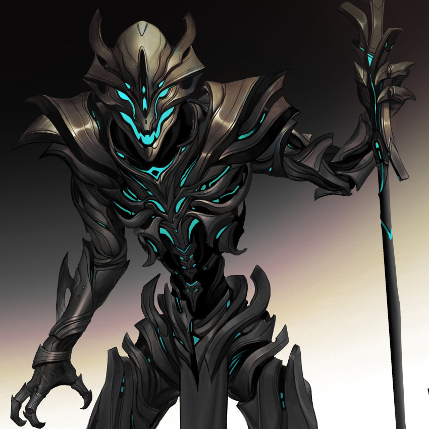 1boy blue_eyes claws cyborg devil_lo glowing gradient gradient_background highres holding holding_staff male_focus necromancer open_mouth original science_fiction solo staff