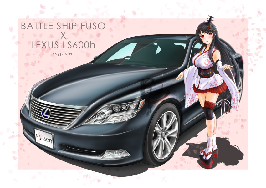 1girl black_hair breasts car character_name commentary_request detached_sleeves epaulettes floral_print fusou_(kantai_collection) geta ground_vehicle hair_ornament highres kantai_collection large_breasts lexus lexus_ls600h long_hair long_sleeves low-tied_long_hair miniskirt motor_vehicle nontraditional_miko red_eyes red_skirt skirt skypixter tabi
