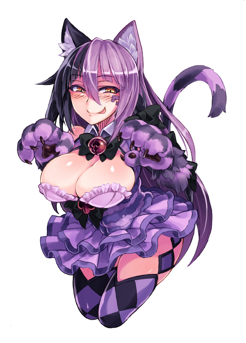 1girl animal_ear_fluff animal_ears blush bra brown_eyes cat_ears cat_tail cheshire_cat_(monster_girl_encyclopedia) claws closed_mouth enty_reward eyebrows_visible_through_hair facial_mark highres kenkou_cross looking_at_viewer monster_girl monster_girl_encyclopedia official_art paid_reward paws pink_bra purple_hair purple_skirt simple_background skirt smile solo tail thigh-highs tongue tongue_out underwear white_background