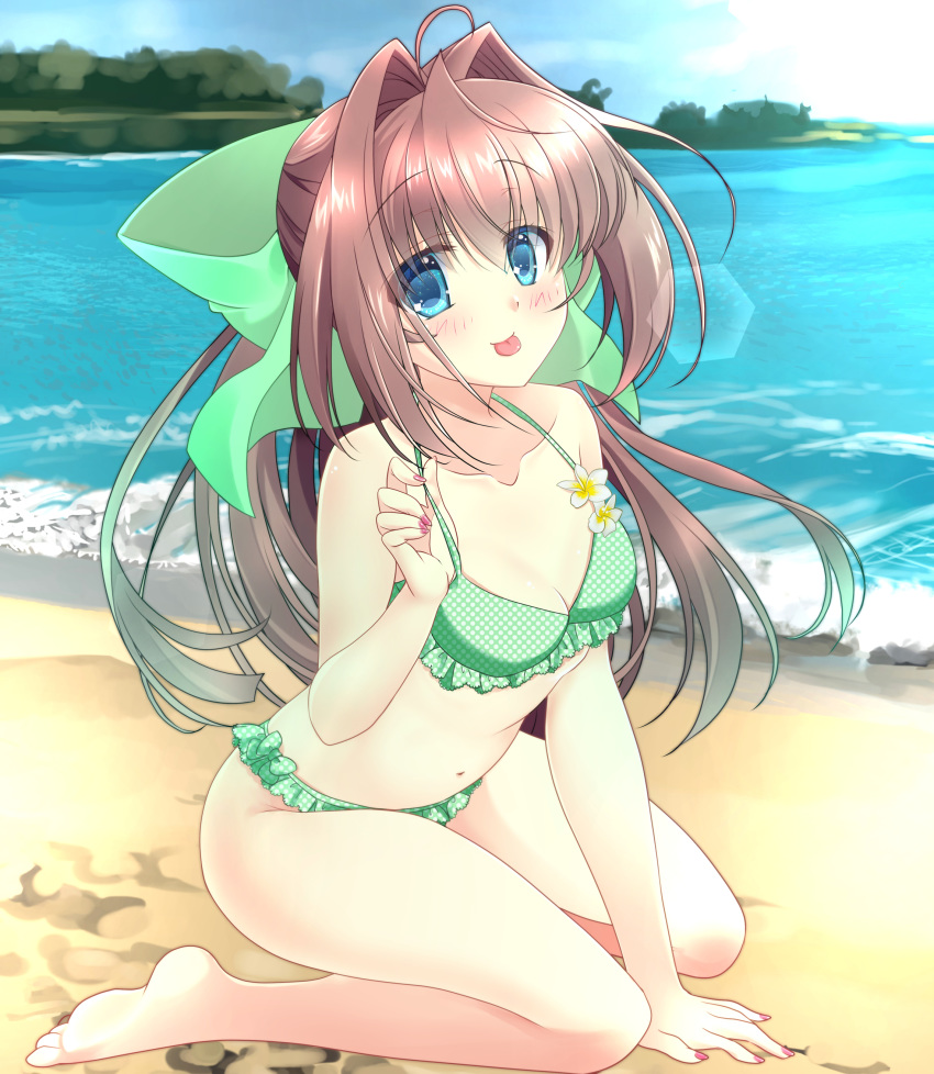 1girl absurdres ahoge asakura_otome bangs beach bikini bikini_day blue_eyes blurry blurry_background blush bow breasts brown_hair collarbone commentary_request da_capo da_capo_ii day eyebrows_visible_through_hair green_bikini green_bow hair_between_eyes hair_bow hair_intakes highres kayura_yuka long_hair looking_at_viewer navel ocean red_nails sidelocks sitting small_breasts solo swimsuit tongue tongue_out wariza