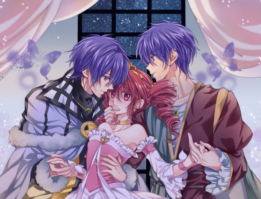 1girl 2boys arm_around_waist bare_shoulders blue_butterfly blue_eyes blue_hair choker detached_sleeves dress drill_hair fine fushigiboshi_no_futago_hime hand_on_another's_chin highres indoors looking_at_viewer multiple_boys pink_dress redhead shade_(fushigiboshi_no_futago_hime) suzuki_(2red_moon3) tiara twin_drills window wristband