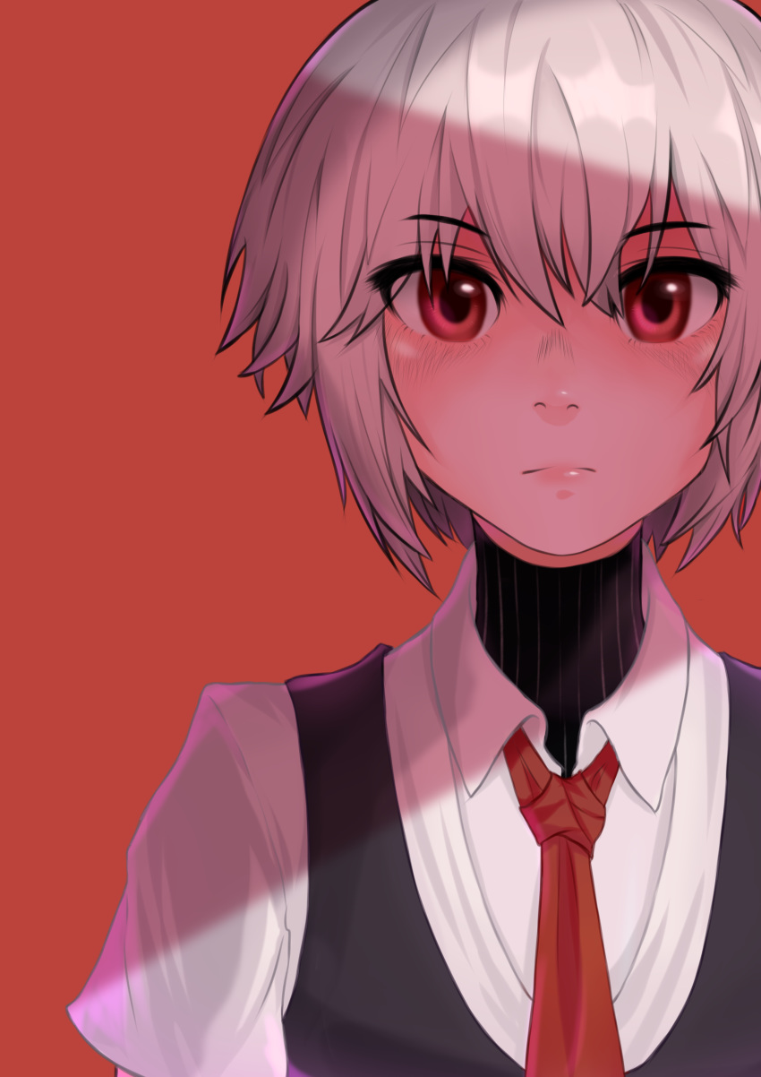 1girl absurdres ajiitou blush dana_zane dress_shirt eyebrows_visible_through_hair eyelashes face highres lips necktie orange_background portrait red_eyes shadow shirt short_hair silver_hair solo turtleneck va-11_hall-a vest