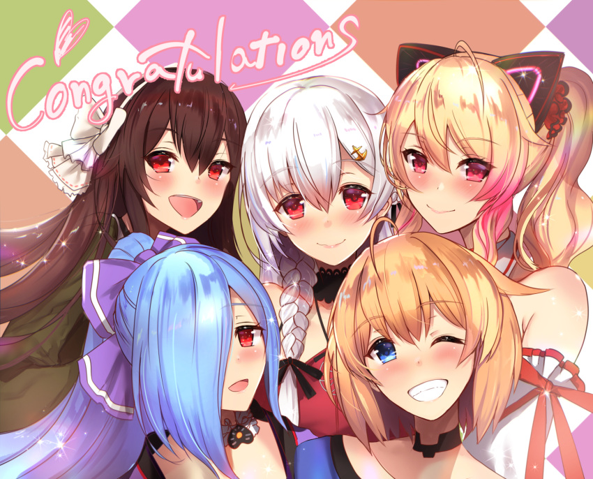 .live 5girls ahoge anchor_hair_ornament animal_ears argyle argyle_background bangs bare_shoulders black_choker blonde_hair blue_eyes blue_hair blush bow braid brown_hair cat_ears choker closed_mouth collarbone congratulations english_text eyebrows_visible_through_hair fake_animal_ears grin hair_between_eyes hair_bow hair_ornament hair_over_one_eye hairband high_ponytail highres long_hair long_sleeves looking_at_viewer multicolored_hair multiple_girls nekonoki_mochi one_eye_closed open_mouth pink_hair ponytail purple_bow red_eyes short_hair silver_hair smile streaked_hair untue upper_body ushimaki_riko virtual_youtuber white_bow white_choker yaezawa_natori yamato_iori yozakura_tama