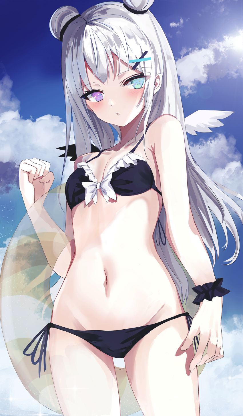 1girl absurdres armpit_crease bare_arms bare_shoulders beckzawachi bikini black_bikini blue_eyes breasts clenched_hand clouds collarbone cowboy_shot day double_bun frilled_bikini frills front-tie_bikini front-tie_top glint groin hair_ornament halterneck hand_up heterochromia highres innertube long_hair looking_at_viewer medium_breasts mini_wings navel original outdoors parted_lips revision side-tie_bikini sidelocks silver_hair sky solo standing stomach string_bikini sunlight swimsuit thighs transparent violet_eyes wading water x_hair_ornament