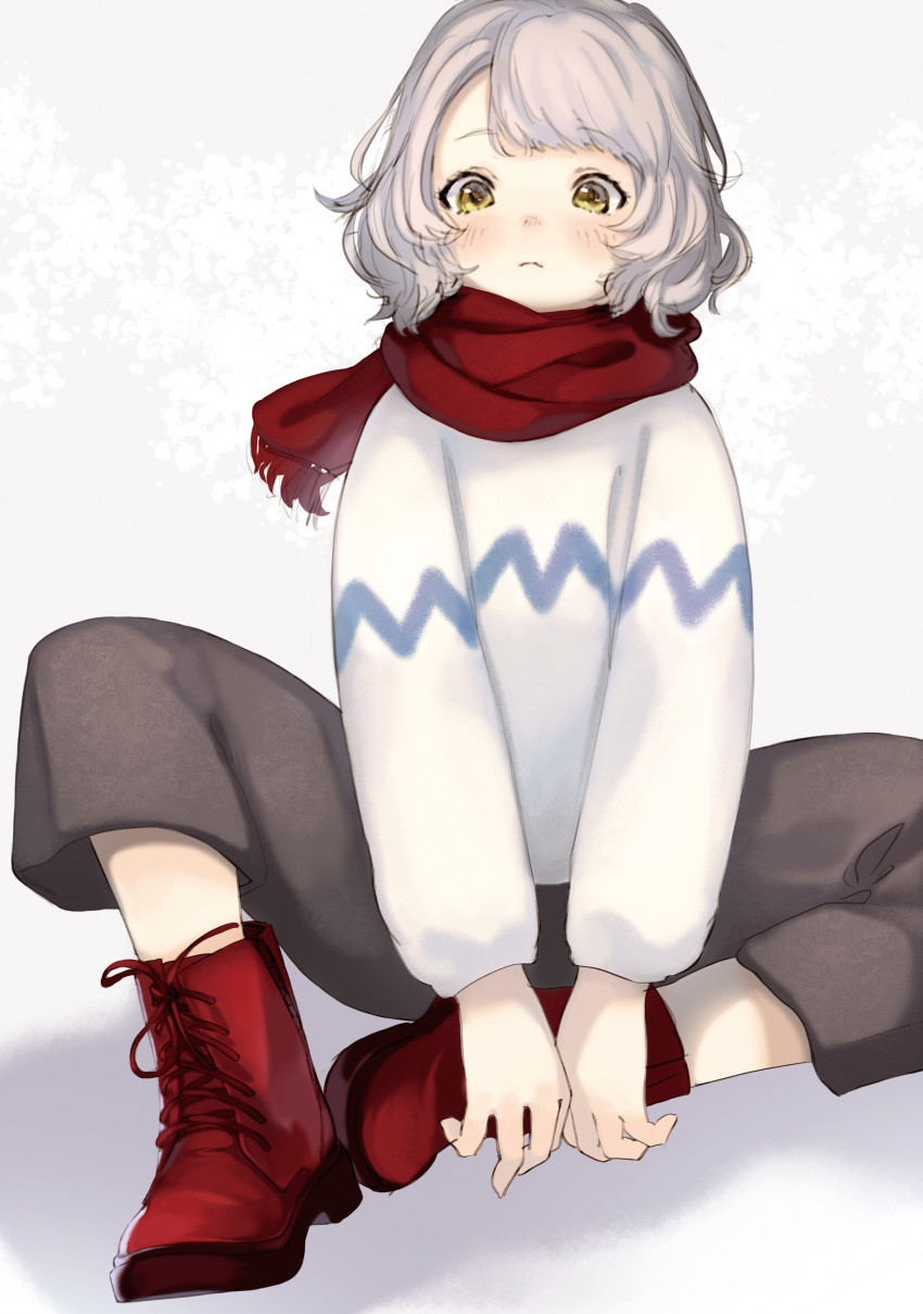 1girl absurdres blush boots grey_hair grey_pants hands_together highres ikoan original pants red_footwear red_scarf scarf short_hair simple_background sitting solo sweater two-tone_background white_sweater yellow_eyes