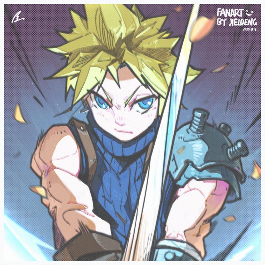 1boy armor bandaged_arm bandages bare_shoulders blonde_hair blue_eyes closed_mouth cloud_strife earrings emphasis_lines eyebrows_visible_through_hair final_fantasy final_fantasy_vii hatching_(texture) highres holding holding_sword holding_weapon jewelry jie-loeng male_focus muscle pauldrons screw shoulder_armor single_earring solo sword turtleneck weapon