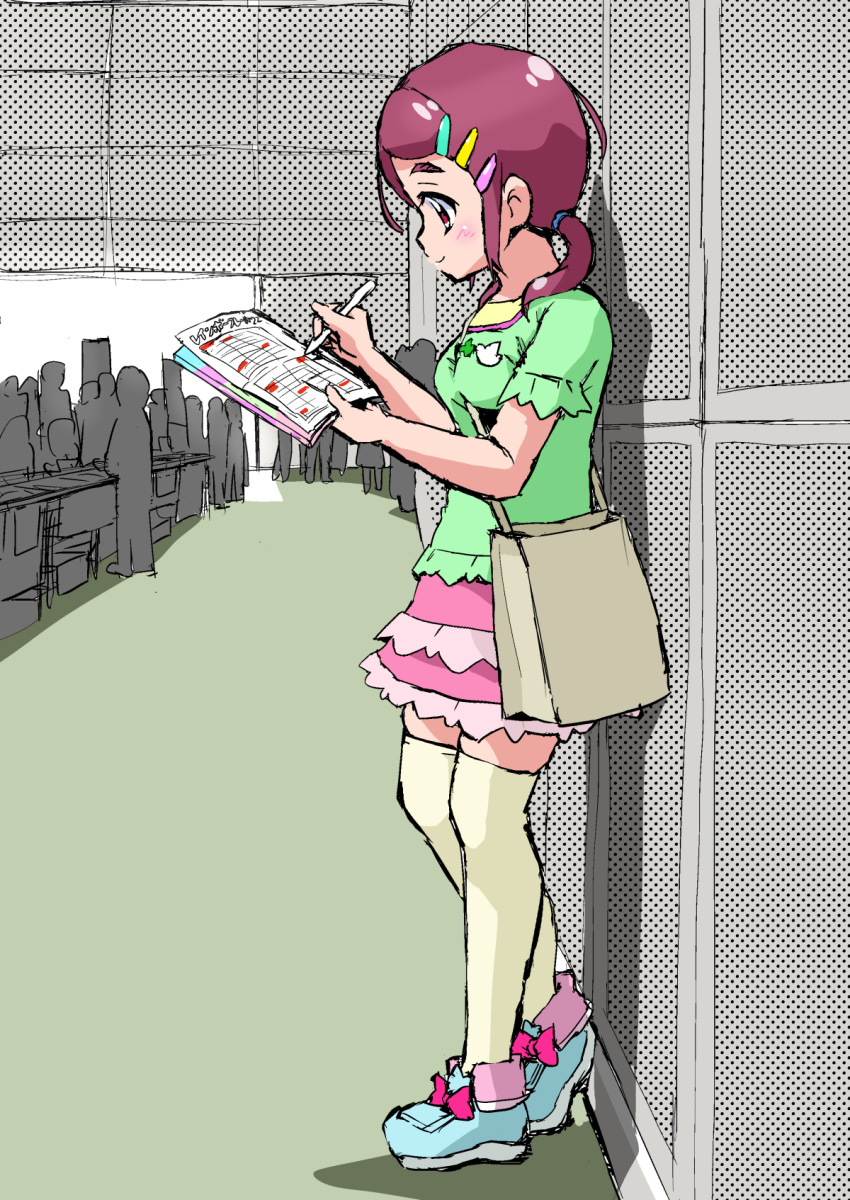 1girl bag blue_footwear bow bow_footwear clover comiket facing_to_the_side four-leaf_clover full_body green_shirt hair_ornament hair_tie hairclip halftone highres holding holding_paper hugtto!_precure itommy layered_skirt medium_hair nono_kotori paper pink_bow ponytail precure purple_hair red_eyes shirt shoulder_bag skirt thigh-highs yellow_legwear