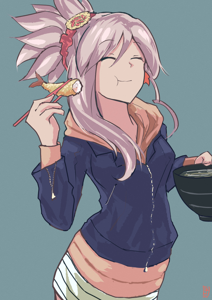 1girl absurdres bangs blue_jacket bowl breasts chopsticks closed_eyes closed_mouth eating fate/grand_order fate_(series) food hair_ornament highres jacket large_breasts long_hair long_sleeves miyamoto_musashi_(fate/grand_order) ootato pink_hair ponytail shrimp shrimp_tempura simple_background smile swept_bangs tempura