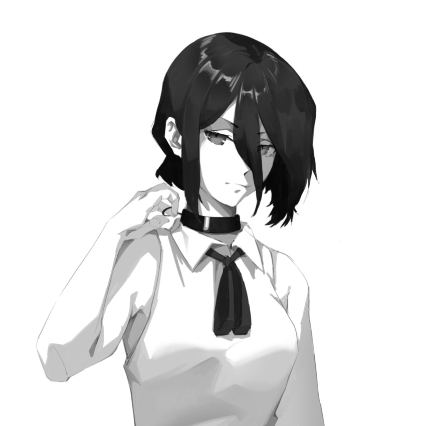 1girl 254486808 arm_up bare_shoulders black_choker black_hair black_ribbon breasts chainsaw_man choker collared_shirt greyscale hair_between_eyes hair_bun highres looking_at_viewer medium_breasts medium_hair monochrome reze_(chainsaw_man) ribbon shaded_face shirt sleeveless solo upper_body