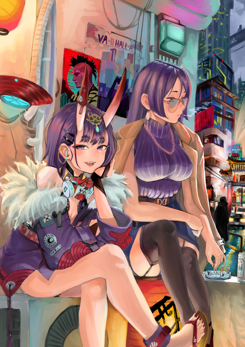 2girls absurdres bangs bob_cut breasts contemporary dhtpgjs1997 eyeliner fate/grand_order fate_(series) headpiece highres horns large_breasts long_hair looking_at_viewer makeup minamoto_no_raikou_(fate/grand_order) multiple_girls oni oni_horns open_mouth parted_bangs purple_hair short_eyebrows short_hair shuten_douji_(fate/grand_order) skin-covered_horns small_breasts smile very_long_hair violet_eyes
