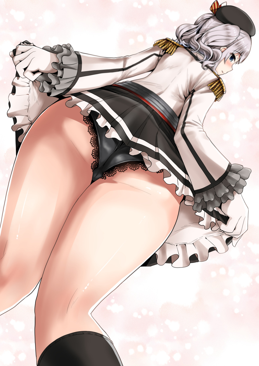 1girl absurdres ass beret black_panties black_skirt blue_eyes epaulettes frilled_skirt frilled_sleeves frills from_behind from_below gloves hat highres jacket kantai_collection kashima_(kantai_collection) lace lace-trimmed_panties military military_jacket military_uniform minase_(takaoka_nanase) miniskirt panties pleated_skirt sidelocks silver_hair skirt solo twintails underwear uniform wavy_hair white_gloves white_jacket