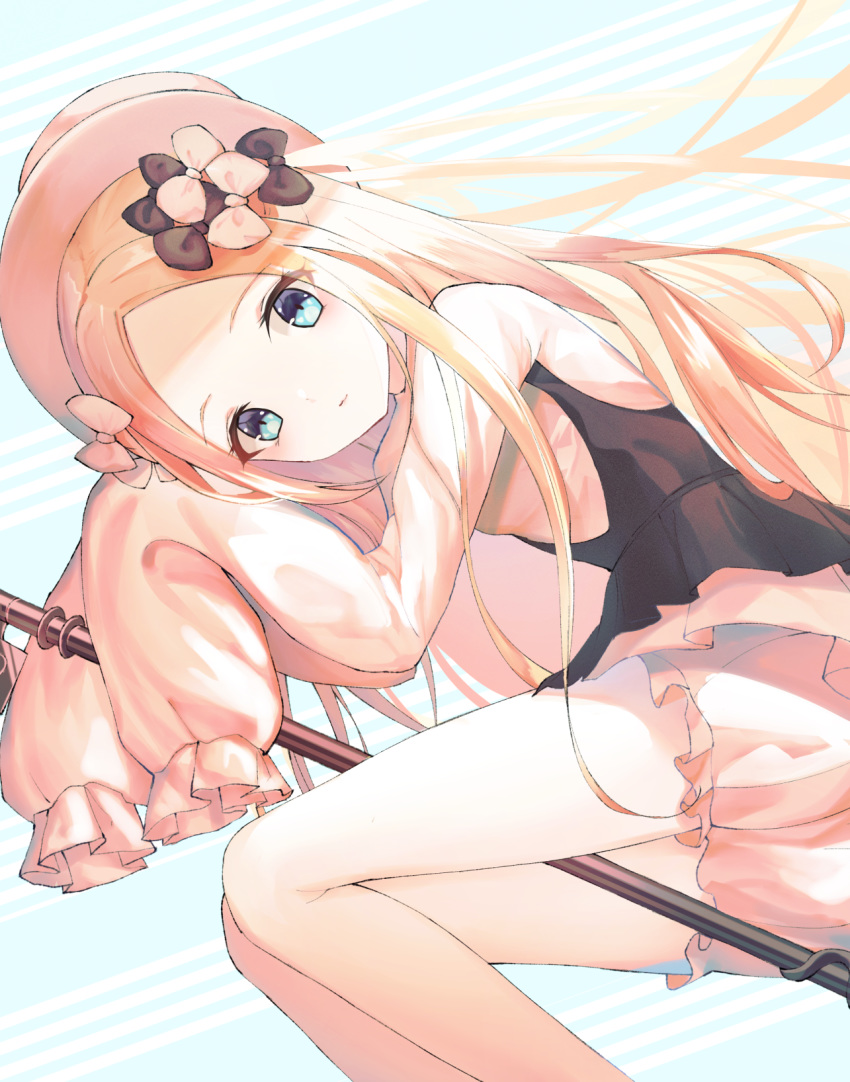 1girl abigail_williams_(fate/grand_order) arms_up bangs black_bow black_jacket blonde_hair bloomers blue_eyes bow closed_mouth fate/grand_order fate_(series) forehead hair_bow hair_bun hat heroic_spirit_traveling_outfit highres jacket long_hair long_sleeves looking_at_viewer merryj parted_bangs sleeves_past_fingers sleeves_past_wrists solo underwear white_bloomers white_bow white_headwear