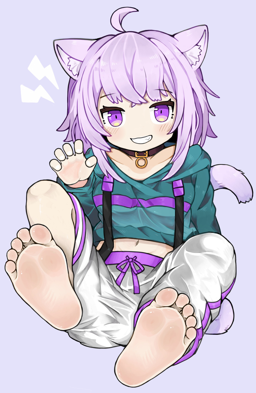 1girl absurdres animal_ears barefoot blush cat_ears cat_girl cat_tail collar eyebrows_visible_through_hair eyelashes fang feet fingernails green_shirt highres hololive hood hoodie medium_hair menla menthak0 nekomata_okayu no_legwear no_shoes no_socks overalls pants presenting purple_hair shirt simple_background sitting smile soles solo sweatpants tail tail_raised teasing toes track_pants violet_eyes virtual_youtuber white_pants