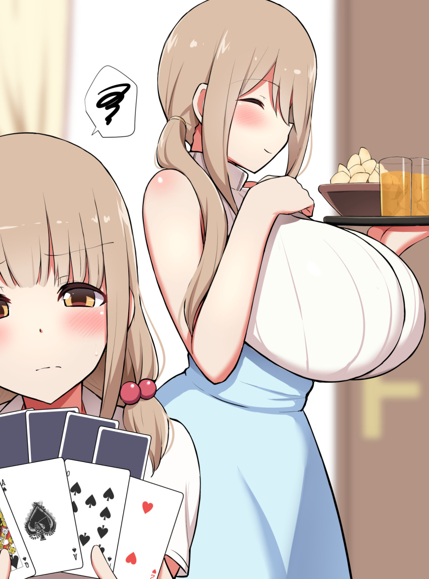 2girls bangs bare_shoulders blonde_hair blue_skirt blush bowl breasts card closed_eyes closed_mouth commentary_request cup curtains drinking_glass eyebrows_visible_through_hair food hanabi_(ocha) hands_on_own_chest highres holding holding_tray huge_breasts long_hair low_tied_hair mature multiple_girls original playing_card pov ribbed_shirt shirt sidelocks skirt sleeveless sleeveless_shirt smile snack tray turtleneck