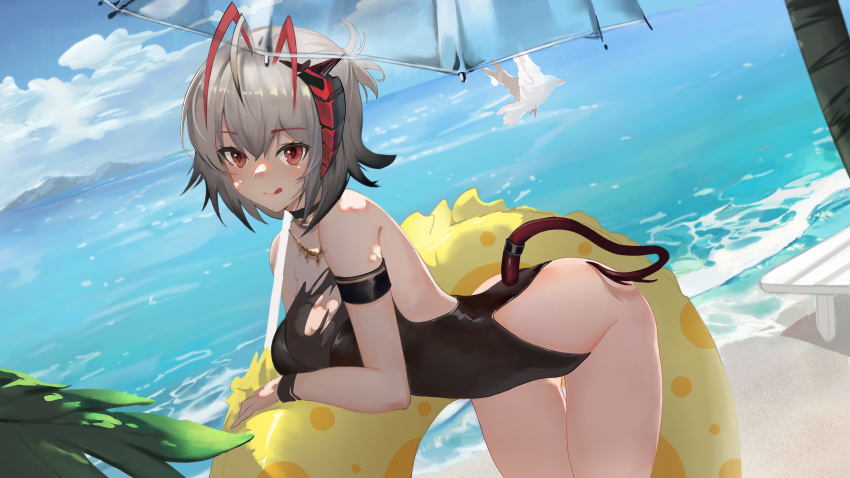 1girl :q absurdres ahoge antennae arknights bangs bare_arms bare_shoulders bent_over bird black_swimsuit blue_sky blush breasts clouds commentary cowboy_shot day dutch_angle eyebrows_visible_through_hair hair_between_eyes highres horns innertube large_breasts looking_at_viewer mr.yu ocean one-piece_swimsuit outdoors red_eyes short_hair silver_hair sky smile solo standing swimsuit tail thighs tongue tongue_out transparent transparent_umbrella umbrella w_(arknights) water wristband