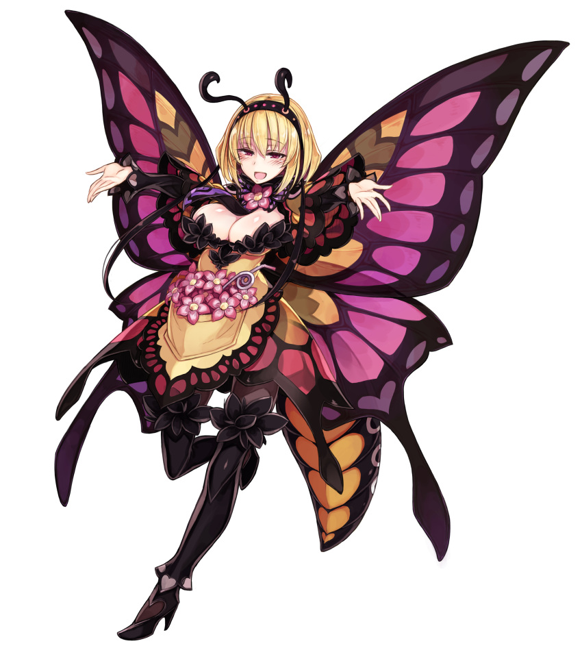 1girl :d absurdres antennae blonde_hair boots breasts butterfly_wings drinking_straw enty_reward flower full_body hairband high_heel_boots high_heels highres insect_girl kenkou_cross large_breasts looking_at_viewer monster_girl monster_girl_encyclopedia official_art open_mouth outstretched_arms paid_reward papillon_(monster_girl_encyclopedia) photoshop_(medium) pink_wings red_eyes short_hair simple_background smile solo spread_arms thigh-highs thigh_boots white_background wings